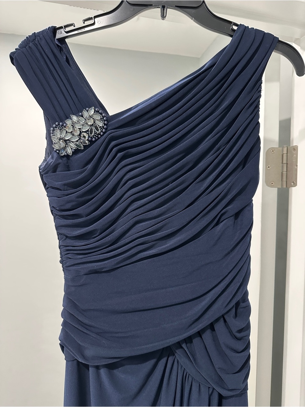 Adrianna Papell Navy One-Shoulder Ruched Gown with Jeweled Accent